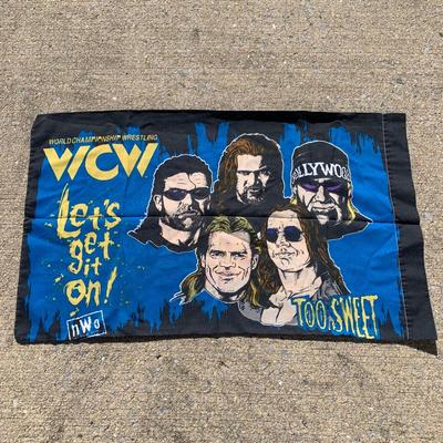 LOT 27 B: Northwest Co. WWF The Rock & Stone Cold Steve Austin Woven Throw Blankets w/ 1998 WCW Pillowcase & Goldberg Throw Pillow