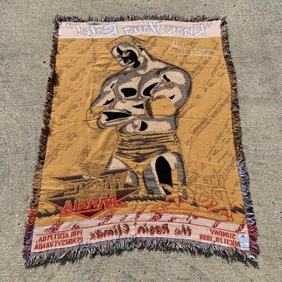 LOT 27 B: Northwest Co. WWF The Rock & Stone Cold Steve Austin Woven Throw Blankets w/ 1998 WCW Pillowcase & Goldberg Throw Pillow