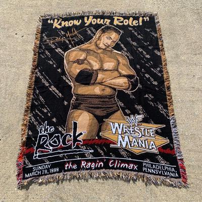 LOT 27 B: Northwest Co. WWF The Rock & Stone Cold Steve Austin Woven Throw Blankets w/ 1998 WCW Pillowcase & Goldberg Throw Pillow