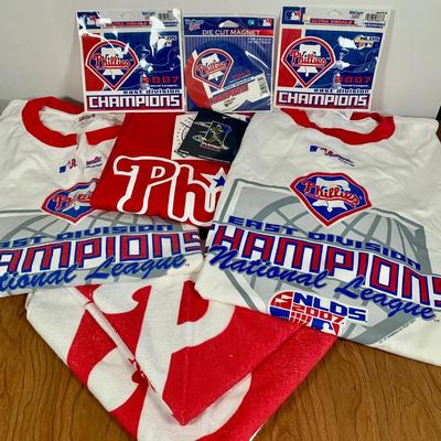 LOT 35 A: MLB Philadelphia Phillies Collection; Towels, Shirts, Stickers, & Magnet
