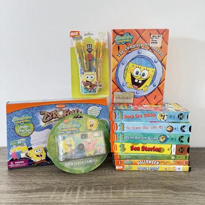 LOT 77B: Spongebob Squarepants Collection: DVDs, VHS Tapes, Zyrofoam NIP, Pencils, 35mm Disposable Camera