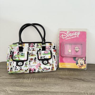 LOT 81A: Disney Mickey Mouse Comic Strip Print Bag & Disney Minnie Mouse Fun Character Watch and Clock Set