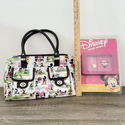 LOT 81A: Disney Mickey Mouse Comic Strip Print Bag & Disney Minnie Mouse Fun Character Watch and Clock Set
