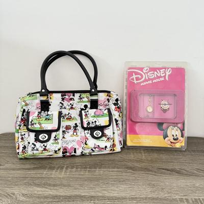 LOT 81A: Disney Mickey Mouse Comic Strip Print Bag & Disney Minnie Mouse Fun Character Watch and Clock Set