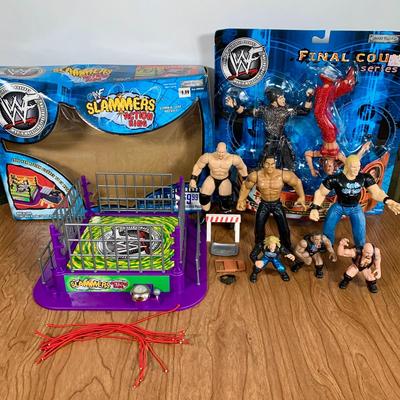 LOT 83 A: Jakks Pacific WWF Collection; Slammers Action Ring, NIP Final Count Series 1 Twist Of Fate, & More