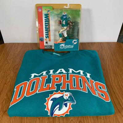 LOT 91 A: NFL Miami Dolphins Sweatshirt & NIP 2004 McFarlane Sports Picks Ricky Williams Figurine