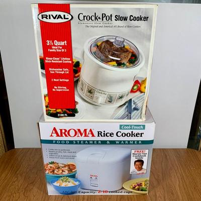 LOT 97 A: NIP Aroma Rice Cooker Food Steamer & Warmer & Rival 3 1/2 Quart Crock Pot Stoneware Slow Cooker
