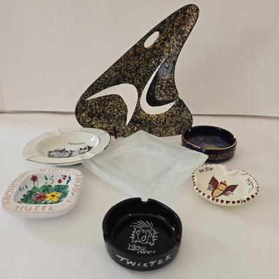 LOT 128L: Collection of Ashtrays & Small Square Frosted Plate