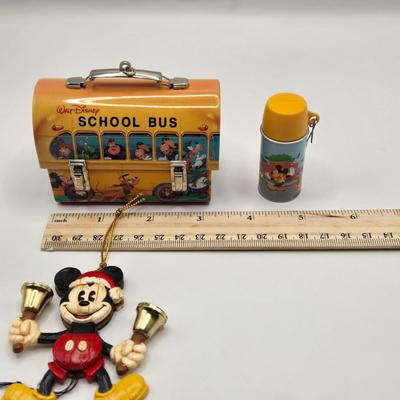 LOT 138A: Disney Hallmark Ornaments: School Bus w/ Matching Thermos & 2001 Mickey w/ Bells