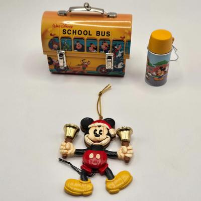 LOT 138A: Disney Hallmark Ornaments: School Bus w/ Matching Thermos & 2001 Mickey w/ Bells