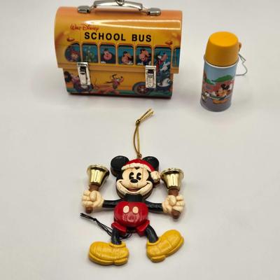 LOT 138A: Disney Hallmark Ornaments: School Bus w/ Matching Thermos & 2001 Mickey w/ Bells
