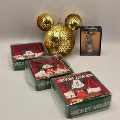 LOT 140A: Sequined Mickey Mouse Head Ornament, Miniature Genuine Pewter Mickey Mouse Statue, & Mickey Mouse Paper Garland