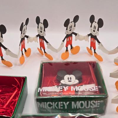 LOT 140A: Sequined Mickey Mouse Head Ornament, Miniature Genuine Pewter Mickey Mouse Statue, & Mickey Mouse Paper Garland