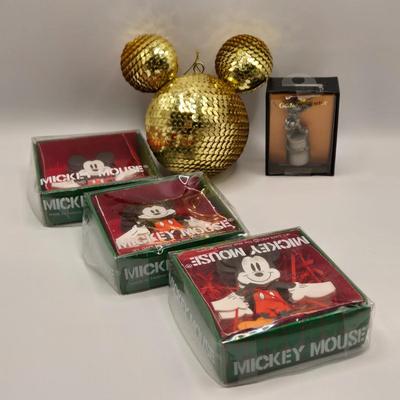 LOT 140A: Sequined Mickey Mouse Head Ornament, Miniature Genuine Pewter Mickey Mouse Statue, & Mickey Mouse Paper Garland