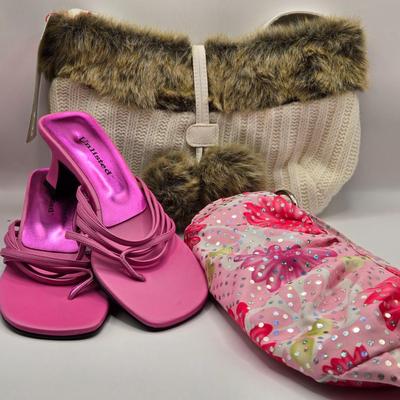 LOT 141L: Gently Worn Unlisted Dress Sandals Size 7.5, Sequined Handbag, & Bath & Body Works Handbag