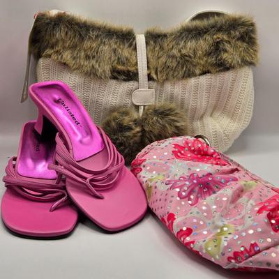 LOT 141L: Gently Worn Unlisted Dress Sandals Size 7.5, Sequined Handbag, & Bath & Body Works Handbag