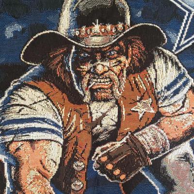 LOT 147B: Three Dallas Cowboy Blankets : The One with the Man on it is 64x46, The One with the Helmet is 58x46, The One with the Star is...