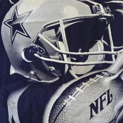 LOT 147B: Three Dallas Cowboy Blankets : The One with the Man on it is 64x46, The One with the Helmet is 58x46, The One with the Star is...