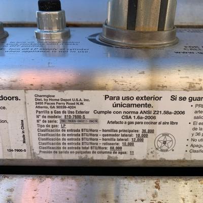 LOT 166 O: Home Depot Charmglow Gourmet Series Gas Grill #810-7600-S