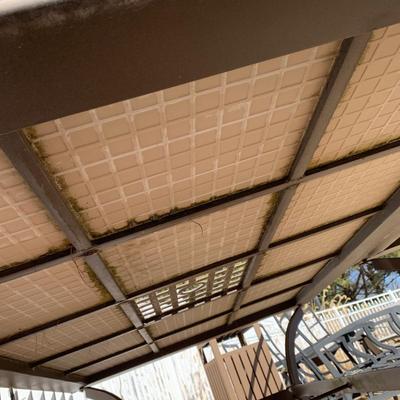 LOT 167 O: Hampton Bay Tile Patio & Side Table w/ Umbrella Stand