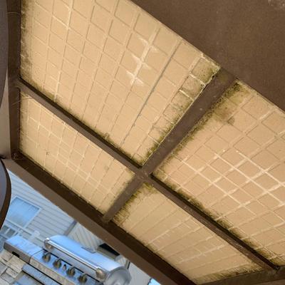 LOT 167 O: Hampton Bay Tile Patio & Side Table w/ Umbrella Stand