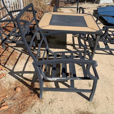 LOT 168 O: Hampton Bay Tile Top Fire Pit & Metal Lounge Chairs