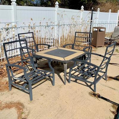 LOT 168 O: Hampton Bay Tile Top Fire Pit & Metal Lounge Chairs