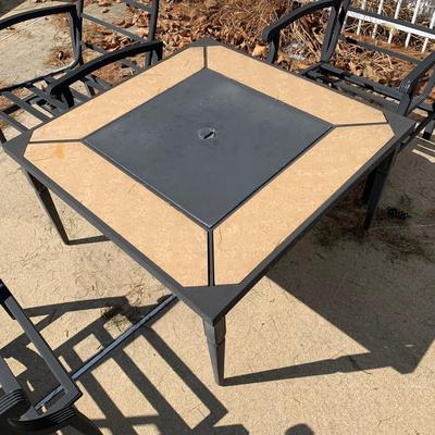 LOT 168 O: Hampton Bay Tile Top Fire Pit & Metal Lounge Chairs