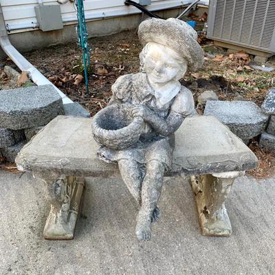 LOT 177 O: Cement / Plaster Lawn Decor; Girl w/ Basket on Bench