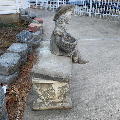 LOT 177 O: Cement / Plaster Lawn Decor; Girl w/ Basket on Bench