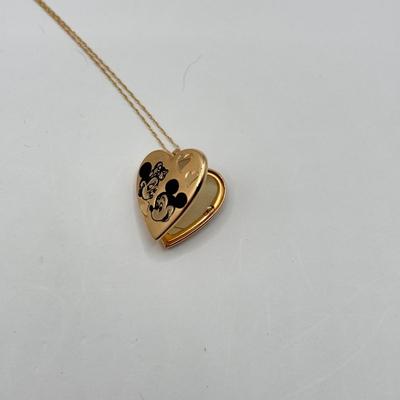 LOT 208J: 14k Gold Disney Mickey & Minnie Mouse Heart Locket Pendant on 16” 14k Gold Chain (4.7g)