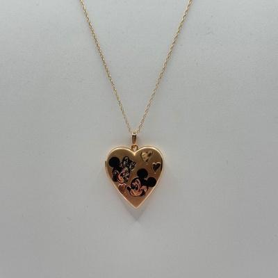 LOT 208J: 14k Gold Disney Mickey & Minnie Mouse Heart Locket Pendant on 16” 14k Gold Chain (4.7g)