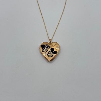 LOT 208J: 14k Gold Disney Mickey & Minnie Mouse Heart Locket Pendant on 16” 14k Gold Chain (4.7g)