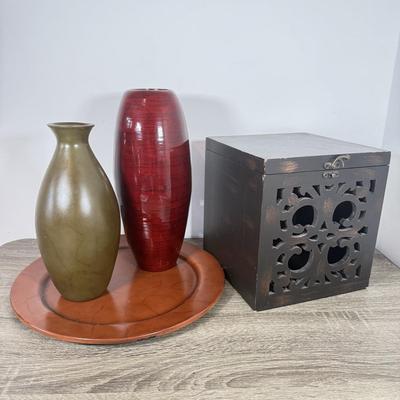 LOT 216A: Decor Wooden Box & Lightweight Vases