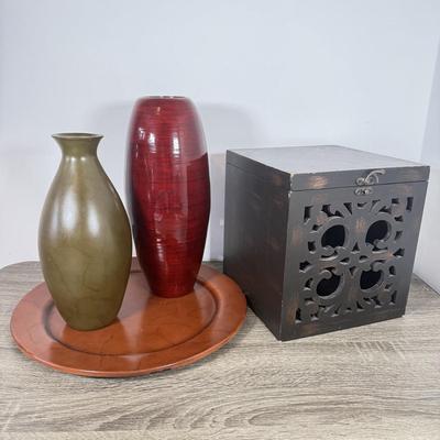 LOT 216A: Decor Wooden Box & Lightweight Vases