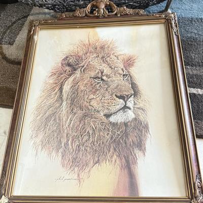 LOT 224B: Home Decor Collection: Large Haeger Vase, Vintage Phil Prentice Lion Print & More