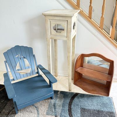 LOT 234A: Home Decor Collection: Disney Mirrored Display Shelf, Small Side Table & Miniature Sailboat Chair