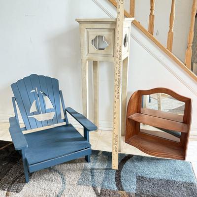LOT 234A: Home Decor Collection: Disney Mirrored Display Shelf, Small Side Table & Miniature Sailboat Chair