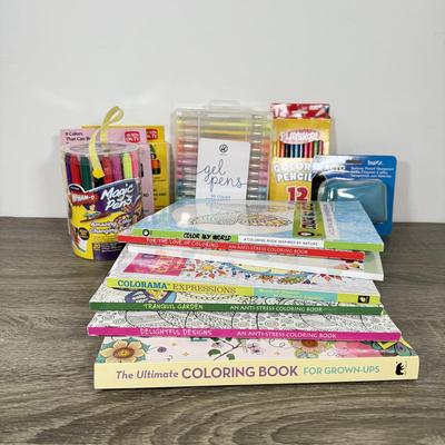 LOT 236A: Adult Mindfulness / Stress Relief Coloring Books w/ Gel Pens, Markers & More