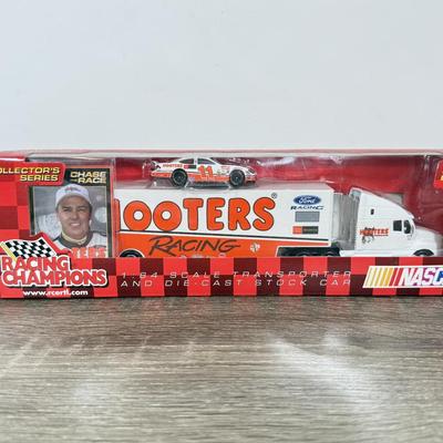 LOT 239B: Hooters Collection: Racing Champions NASCAR 2002 1:64 Transporter and Die-Cast Stock Car, Shot Glass & Motorcycle Pin