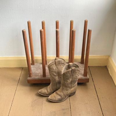 LOT 300: Rolling Wooden Boot Holder with Pair of Cowboy Boots