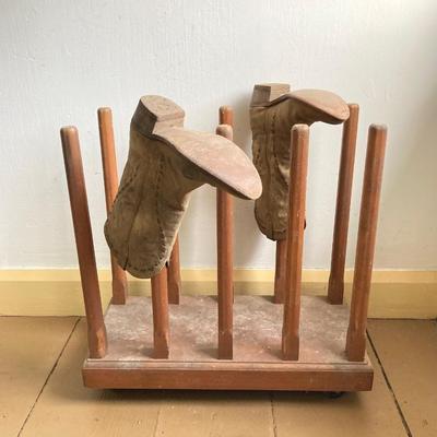 LOT 300: Rolling Wooden Boot Holder with Pair of Cowboy Boots