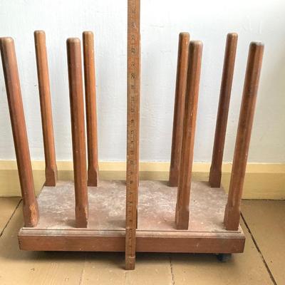 LOT 300: Rolling Wooden Boot Holder with Pair of Cowboy Boots