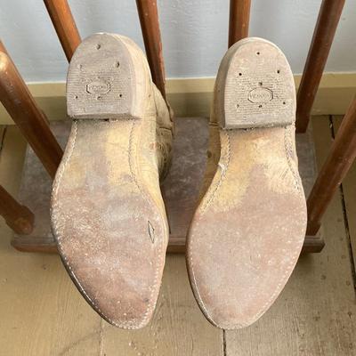 LOT 300: Rolling Wooden Boot Holder with Pair of Cowboy Boots