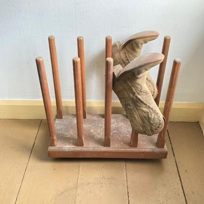LOT 300: Rolling Wooden Boot Holder with Pair of Cowboy Boots