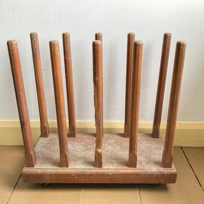 LOT 300: Rolling Wooden Boot Holder with Pair of Cowboy Boots