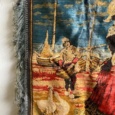 LOT 301: Antique / Vintage Dutch Tapestry with Pair of Wooden Shoes