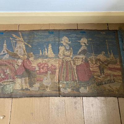 LOT 301: Antique / Vintage Dutch Tapestry with Pair of Wooden Shoes