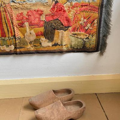 LOT 301: Antique / Vintage Dutch Tapestry with Pair of Wooden Shoes