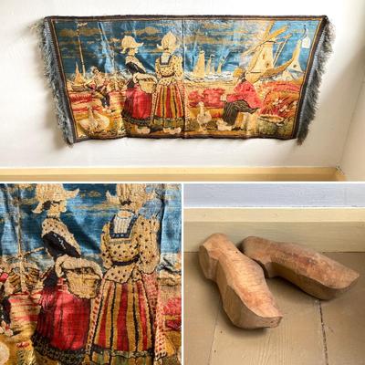 LOT 301: Antique / Vintage Dutch Tapestry with Pair of Wooden Shoes